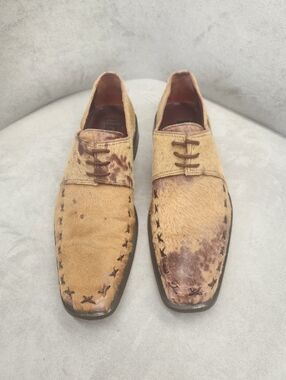 Vintage Y2K Marco Delli Dress Shoes Men's 12.5 Tan PonyHair Spots Handmade Italy